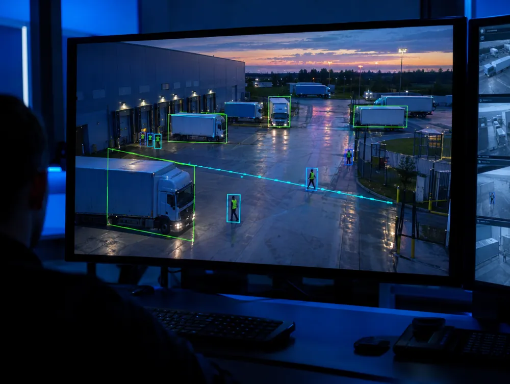 AI video analytics detecting trucks and people on a warehouse yard CCTV feed
