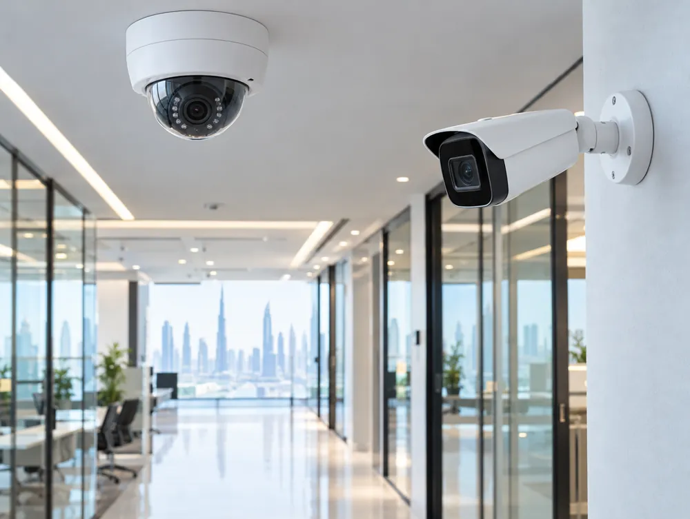 4K IP dome and bullet CCTV cameras in a Dubai office corridor
