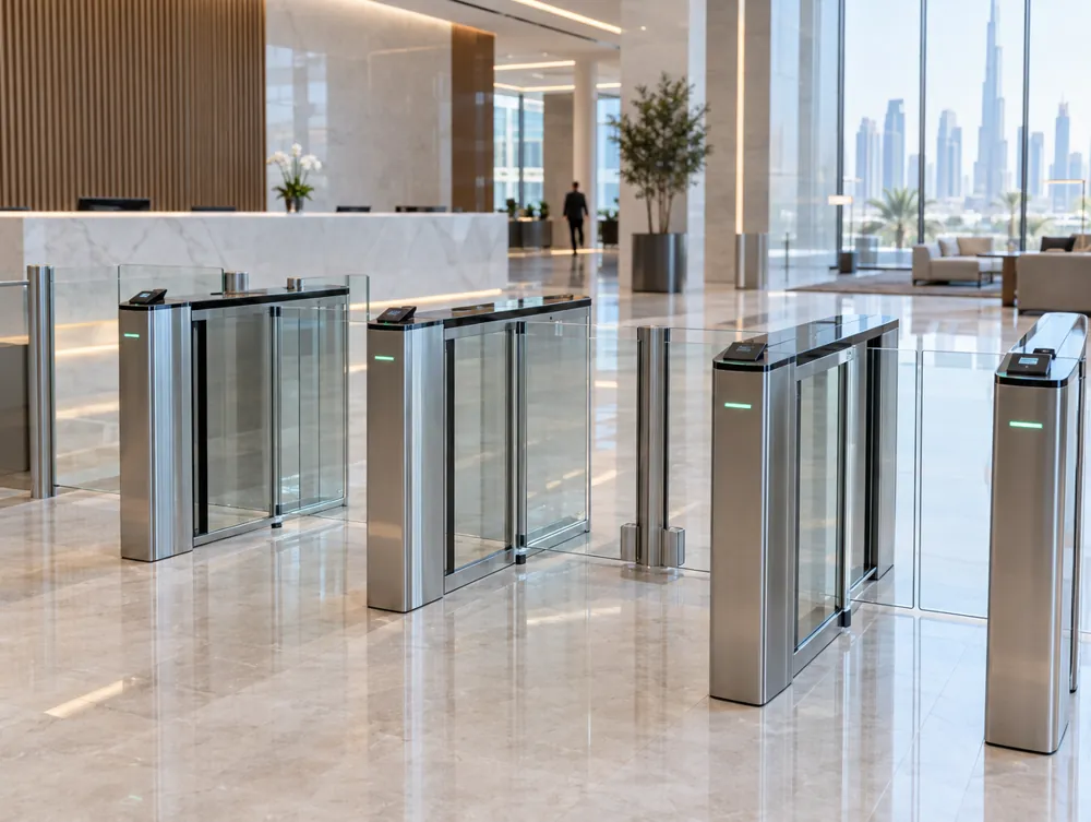 Glass speed gate turnstiles in a Dubai corporate office lobby