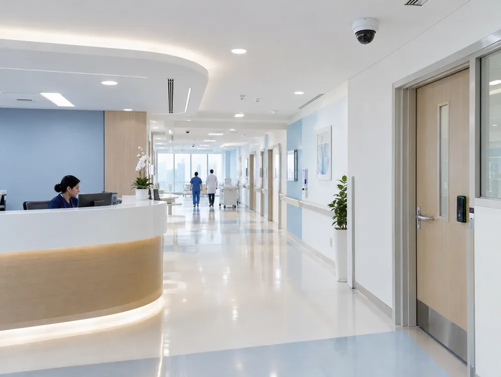 Hospital corridor in Dubai with CCTV and access controlled door