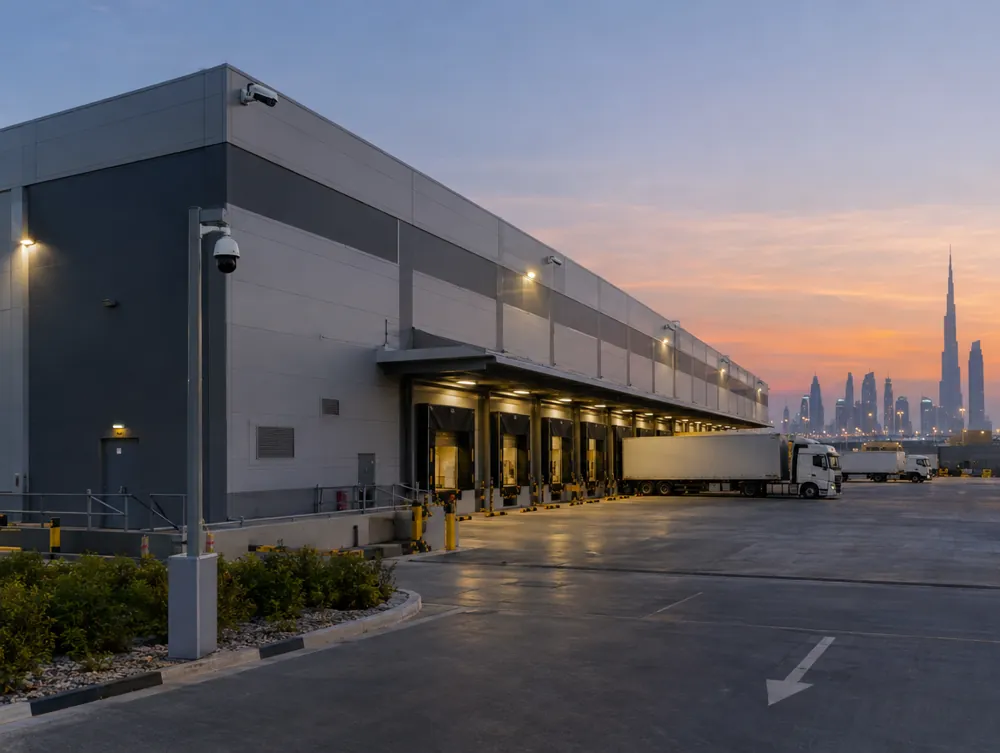 Logistics warehouse in Dubai with perimeter CCTV and PTZ camera