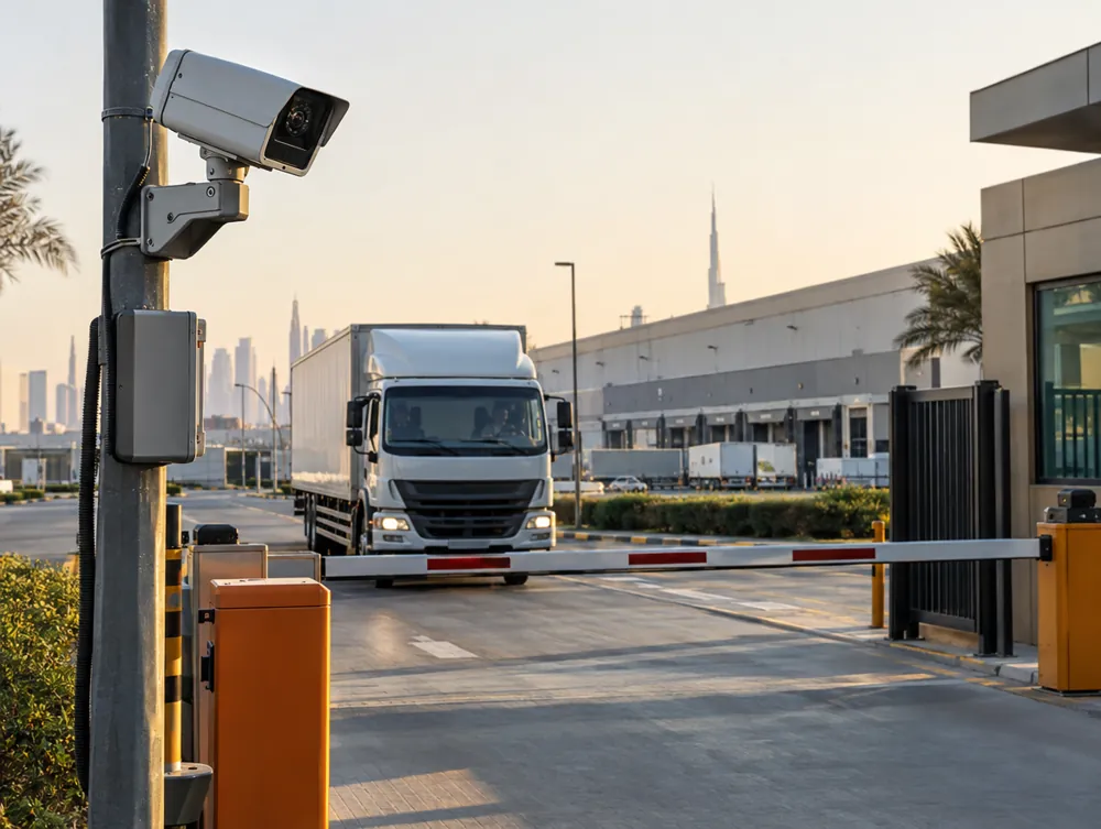 ANPR camera on a pole at a logistics warehouse gate in Dubai with a truck approaching