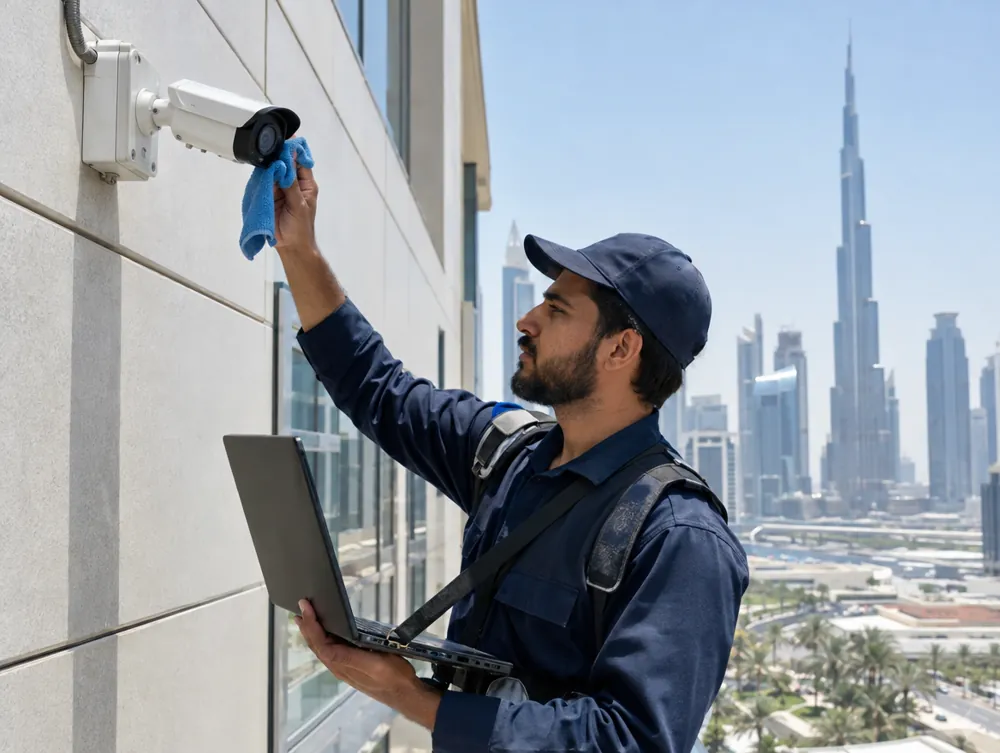 Technician cleaning and adjusting an outdoor CCTV camera on a commercial building in Dubai