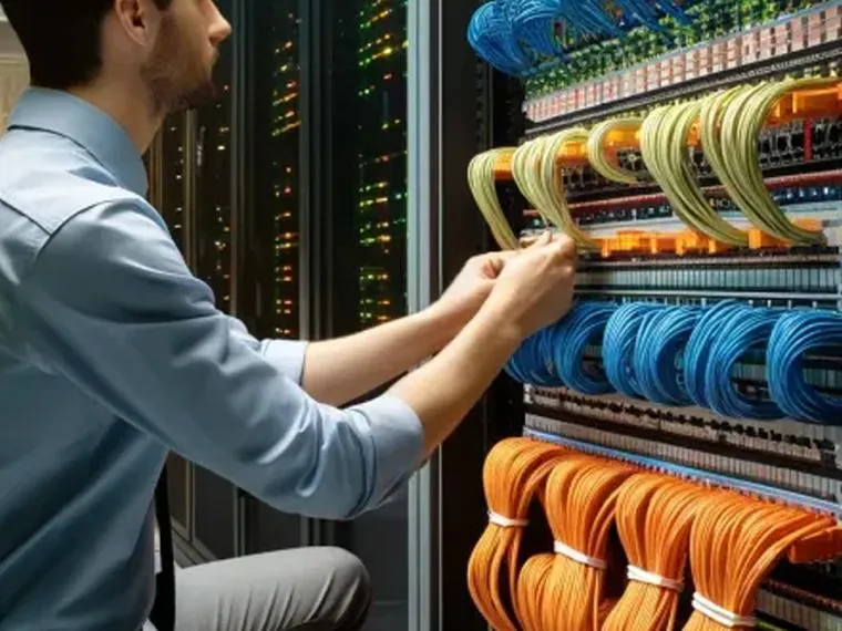 Technician maintaining CCTV network cabling in a server rack in Dubai