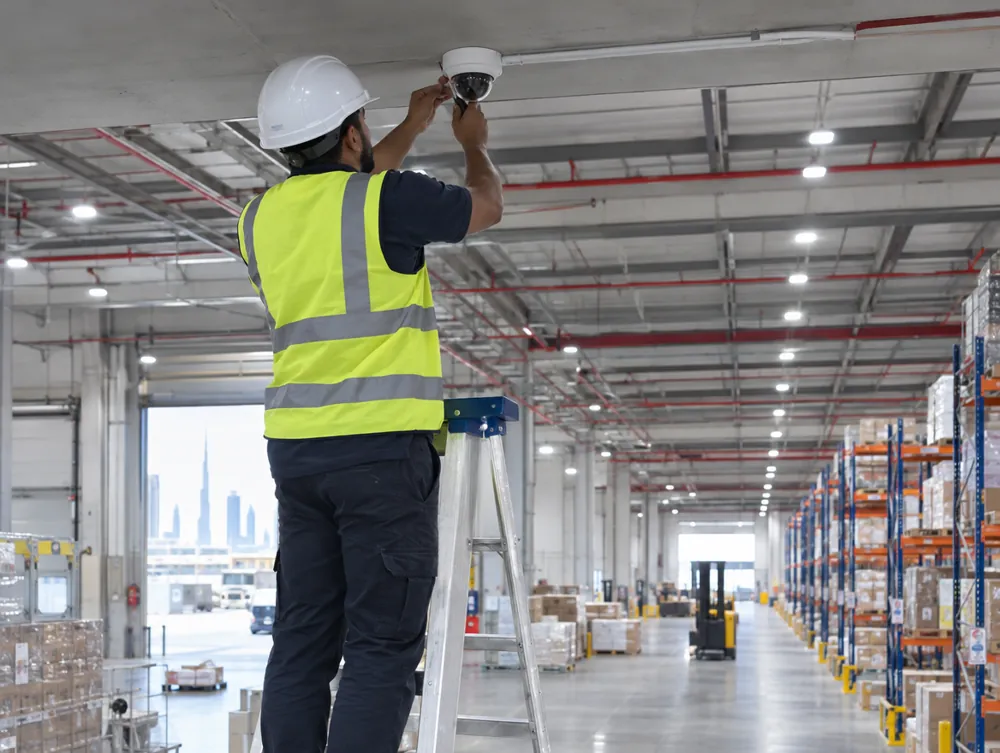 Technician installing an IP dome camera in a Dubai warehouse