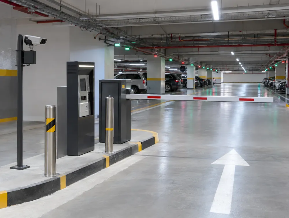 Parking management system with boom barrier, ticket machine and ANPR camera in a Dubai car park