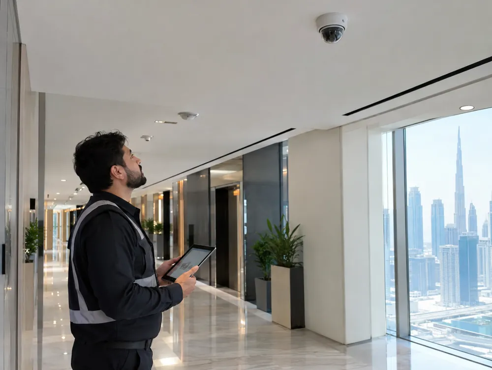 Security engineer checking SIRA CCTV camera coverage with a tablet in a Dubai commercial building